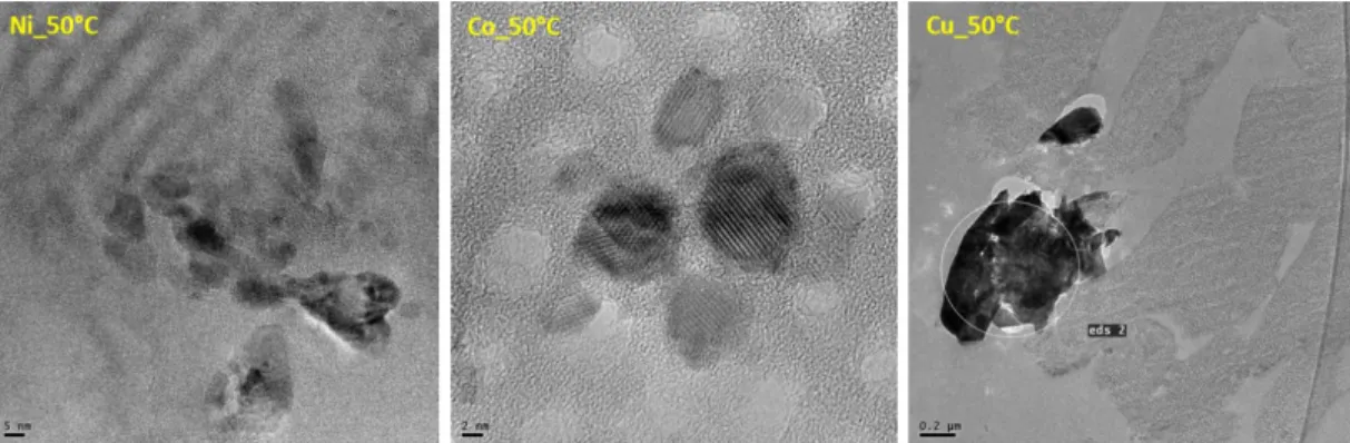 Figure 15. Images MET représentatives des échantillons Ni_50ºC, Co_50ºC, Cu_50ºC, obtenus par la  voie IWI-MD