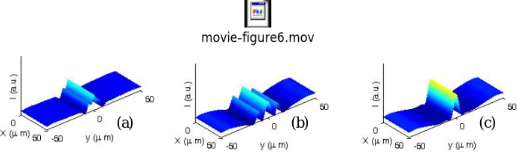Fig. 6. Calculated dynamic of light distribution at the exit face of a decaying waveguide initially created by quasi- quasi-steady-state soliton and probe by a extraordinary polarized beam in the initial stage (a) and at two subsequent 