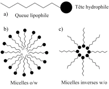 Figure 11 : schéma général de a) un tensioactif, b) une micelle oil in water et c) une micelle inverse water in oil 