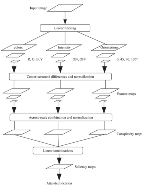 Figure 1.16: Architecture du modèle de saillance de Itti et Koch.