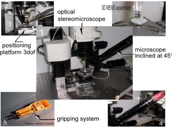 Fig. 5.  Global and local views of each part (positioning platform, the compliant support of the micro-objects,  the gripping system and the imaging system) of the assembly workcell  