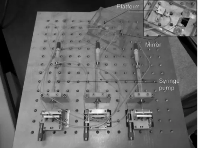 Fig. 13. View of an enhanced version of the test bed. The picture shows the manual micropositioning stages used as syringe pumps, and the test cell where the platform is immersed in a liquid