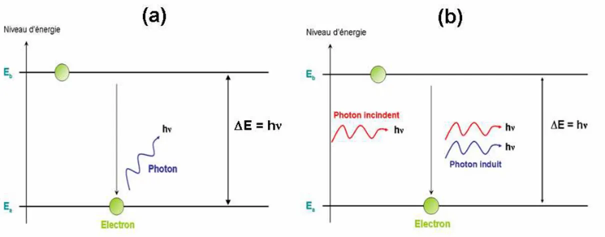 Fig. 2.3 – Mécanismes d’émission spontanée (a) et induite (b) par desexcitation électronique et excitation stimulée.
