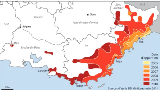 Figure 1. évolution de la zone colonisée par Aedes Albopictus (2004-2010)