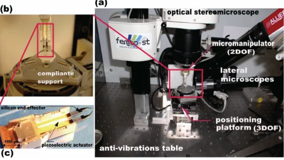 Fig. 1. Shots of the 5 DOF microassembly workcell. (a) showing the global view, (b) representes a zoom on the 3 DOF positioning platform and the 2 DOF micromanipulator, and (c) illustrates the 4 DOF gripping system.