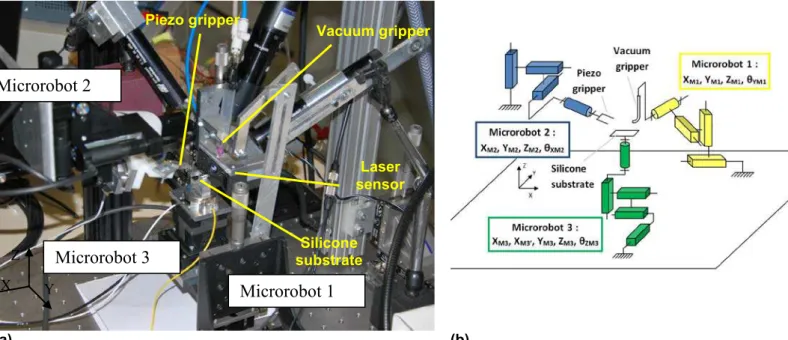 Fig 2: (a) Robotic micro-assembly system composed of one 4 DoF piezo gripper, one vacuum gripper, 16 micro or   nanopositioning stages, the wafer has been removed for the picture (b) kinematic diagram of the micro-assembly system