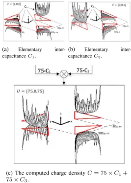Fig. 2. The electric charge density computed on the electrodes by applying the following electric voltages: U = [75V, 0,75V ].