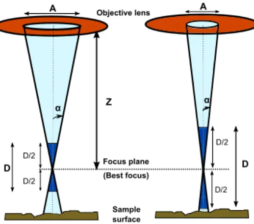 Fig. 5. Relationship between the magnification and depth of focus in SEM.