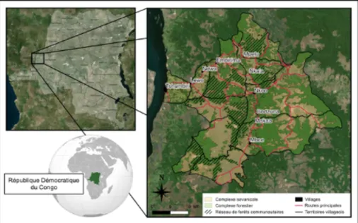 Figure 1 : Localisation de la zone d’étude, dans la Chefferie des Batéké Nord en  République Démocratique du Congo.