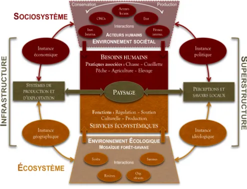 Figure 2 : Système complexe développé à partir des concepts de  socio‑écosystème et de formation sociospatiale appliqués à la zone d’étude et 