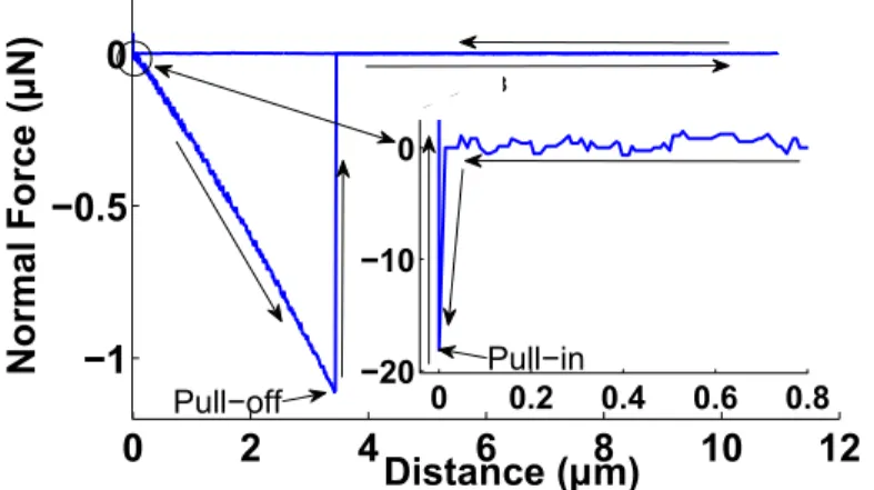 Figure 1: Attractive and adhesive typical force-distance curves between surface and cantilever (stiffness: 0.3 N/m)