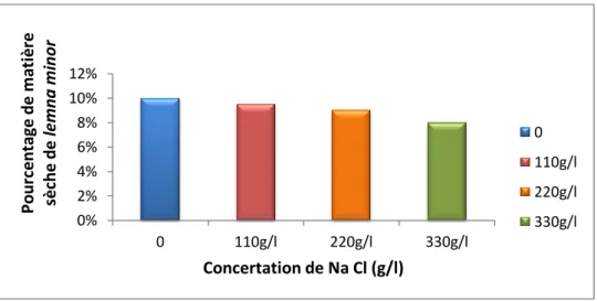 Figure 11: Effet Na Cl sur la pourcentage de matière sèche  (%) de la lentille d’eau  Lemna minor