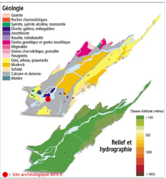 Figure 3.  Géologie et relief des Basses-Terres du Saint-Laurent (Tiré et modifié de Ministère  du Développement durable, Environnement et Lutte contre les changements climatiques 2018) 