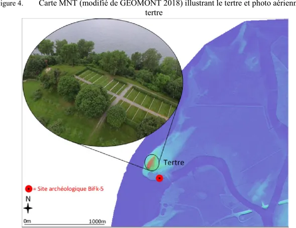 Figure 4.  Carte MNT (modifié de GÉOMONT 2018) illustrant le tertre et photo aérienne du  tertre