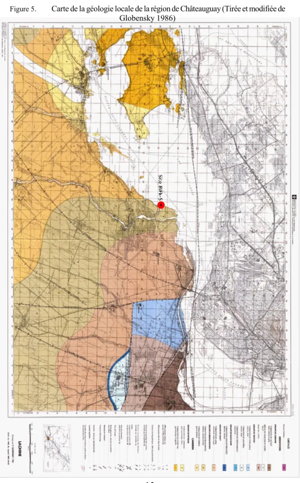 Figure 5.  Carte de la géologie locale de la région de Châteauguay (Tirée et modifiée de  Globensky 1986) 