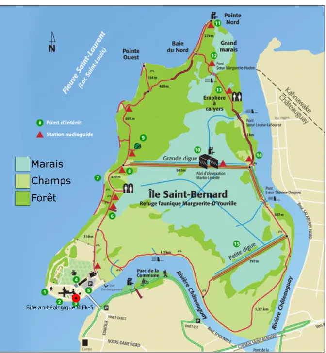Figure 7.  Répartition des principales zones écoforestières de l'île Saint-Bernard (modifié  depuis Héritage Saint-Bernard) 