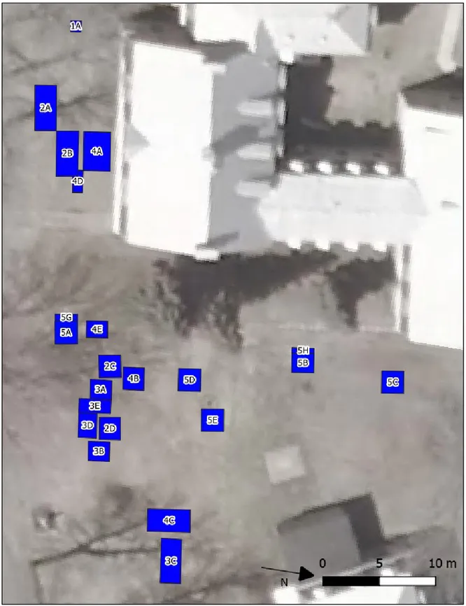 Figure 8.  Carte des aires fouillées entre 2014 et 2018 sur le site BiFk-5 (Orthophoto  géoréférencée 2013) 