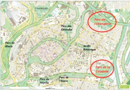 Figure 2 : Localisation des sites d’études au sein de la trame verte de Strasbourg