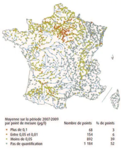 Figure 14 : Concentration en atrazine déséthyl dans les cours d’eau entre 2007 et 2009 – Source : [66] 