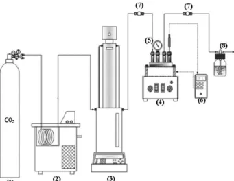 Figure 16. Procédé de carbonatation de BOF en suspension dans un autoclave (Chang et al., 2011b) (1) Bouteille  de CO 2  pur (2) Bain de recirculation (3) Pompe (4) Agitateur chauffant (5) Réacteur (autoclave) (6) 