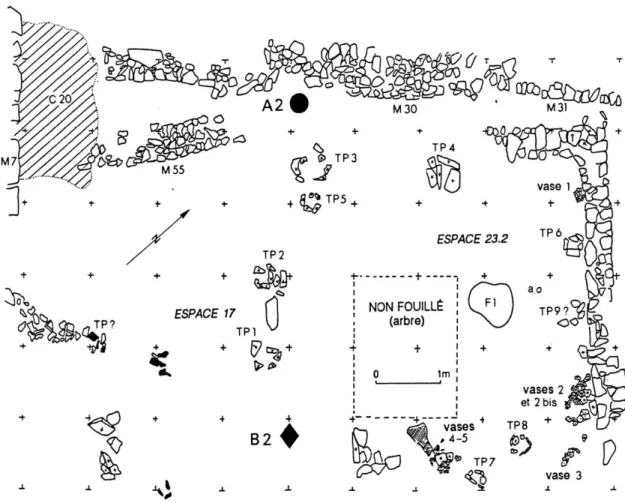Fig. 6 — Espaces 17-23.2 (dernier quart du ve s.  avant J.-C.) ;  localisation du squelette en place A2 et  du squelette disloqué B2