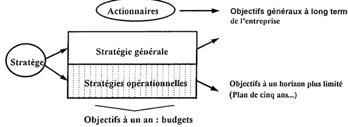 Figure  n° 4 :  Distinction  entre  la  stratégie  générale  et  les  stratégies  opérationnelles  Dans  un  audit  de  stratégie,  on  se  proposera  donc,  d'abord,  d'identifier,  puis  d'évaluer,  la  stratégie  générale  qui  est  celle  suivie  et  d