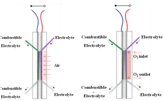 Figure  4.  Schéma  de  la  pile  à  combustible  microfluidique  auto-transpirante  avec  air  (à  gauche) ou avec O 2  (à droite)