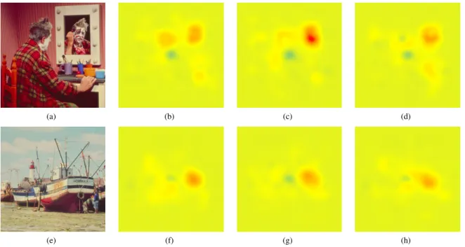 Figure 5: First row:(a) original picture Clown; (b) difference between the free-task saliency map and first reference in quality task; (c) difference between the free-task saliency map and third reference in quality task; (d) difference between the free-ta