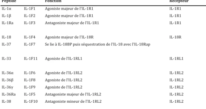 Tableau 5 : Ligands principaux de la superfamille de l'IL-1.  