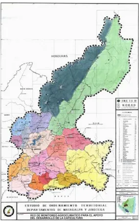 Figure 1 Localisation des zones d’étude sur  la  carte  de  l'organisation  territoriale  des  départements de Matagalpa et de Jinotega   