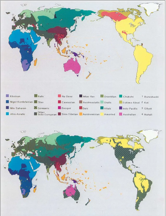 Figure 2 : Distribution géographique des familles de langues selon Ruhlen M. La répartition initiale des langues est représentée en haut de la figure et la représentation actuelle en bas