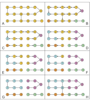 Fig. 19. Construction of the catchment basins of a node weighted graph a partition of catchment basins, we have to introduce some more or less arbitrary choices between equivalent solutions