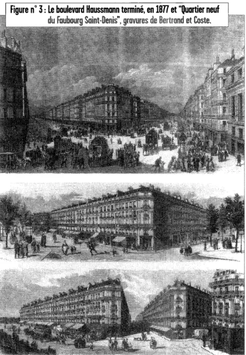 Figure  n° 3  Le  boulevard  Houssmonn  terminé,  en 1877  et &#34;Quartier  neuf  ,  du Foubourg Suint-Denie&#34;  grovures de  et Coste, 