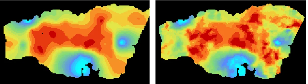 Figure 10 Estimation maps: Kriging (left) and Co-Kriging (right) 