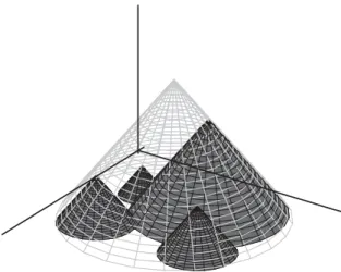 Figure 4: Examples of translated and reversed cones M −C n for several M. The light gray cone corre- corre-sponds to the smallest ball (M −C n ) ∩ T 0 containing all the others