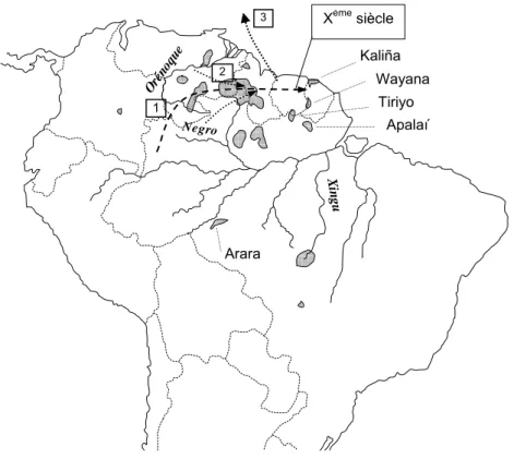 Figure 15. Carte des sites et de la migration Koriabo dans les Guyanes. En Guyane  française, la pénétration Koriabo est plus tardive