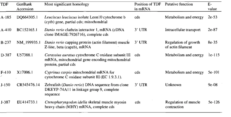Table II.c  Transcript-derived fragments  (TDFs) isolated and sequenced following cDNA-AFLP expression profiling of Phoxinus  eos-neogaeus muscle tissue