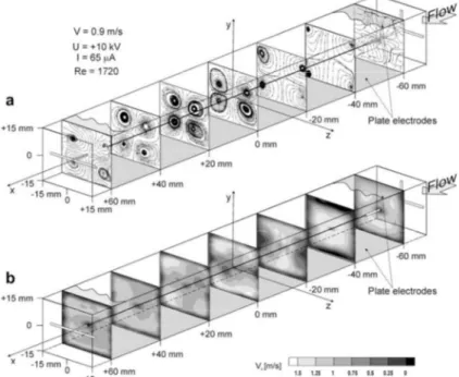 Figure I.27 : Représentation des lignes de courant et du contour de la vitesse dans un électrofiltre de  type longitudinal à canal étroit [NIE 09] 