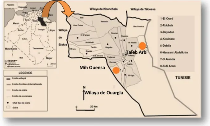Figure 04: Carte géographique de la région du Souf avec la situation des zones d’études  (D.S.A  El Oued, 2000 ; modifier par BENAMARA et MEGDOUD,  2019) 
