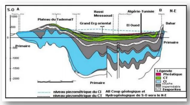 Figure 07 : Coupe hydrogéologique transversale de la nappe profonde (CT et CI)  (CORNET,1964)