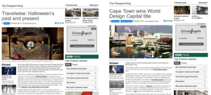 Figure 1: Two sibling news pages (BBC travel blog) feature of pages belonging to the same site: their structural uniformity