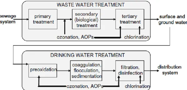 Figure 6 : Possibles applications de l’ozonation et des procédés avancés d’oxydation (AOPs) dans le traitement  des eaux usées et de l’eau potable (Radjenovic et al., 2009)