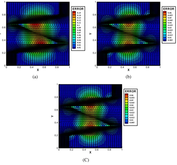 Figure 3-30. Iso-contours of the absolute error on a 51×51 extremely distorted mesh with (a) CTM          (b)  IDC with two-step Gauss formula (c) DGEM with two-step Gauss formula 