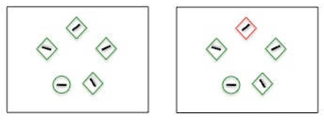 Figure 5. Exemple d'items de la tâche de Theeuwes (1992). La cible est toujours un cercle vert