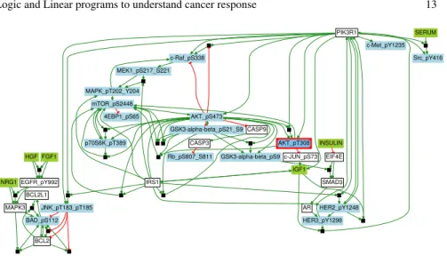 Fig. 7 Union of 14 true positive BNs obtained using caspo-ts on the BT549 breast cancer cell line data