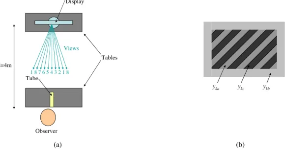 Figure 1:  Experiment room setup (a) and displayed test pattern (b) 