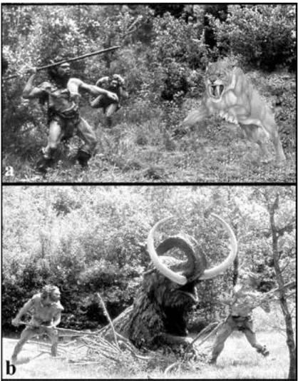 FIGURE 5. — Reconstitutions d'activités physiques de l'Homme de Néandertal.  a) chasse au javelot; b) chasse au mammouth.