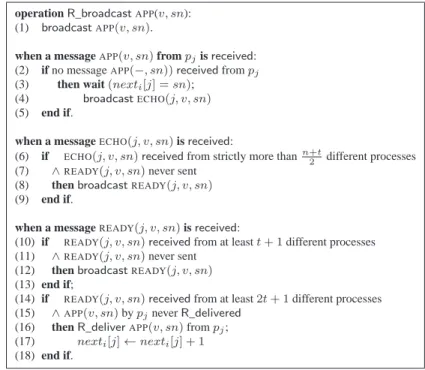 Figure 2: Reliable Broadcast in BAMP n,t [t &lt; n/3], (code for process p i )