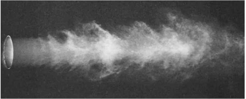 Figure I.4 – Smoke visualisation of a jet with Reynolds number of 6.52 × 10 4 . Taken from Crow and Champagne [51].