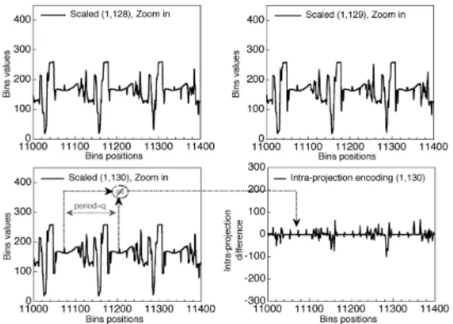 Fig. 3. Zoom in, projections (1,128), (1,129), (1,130), and intra-projection difference (1,130)